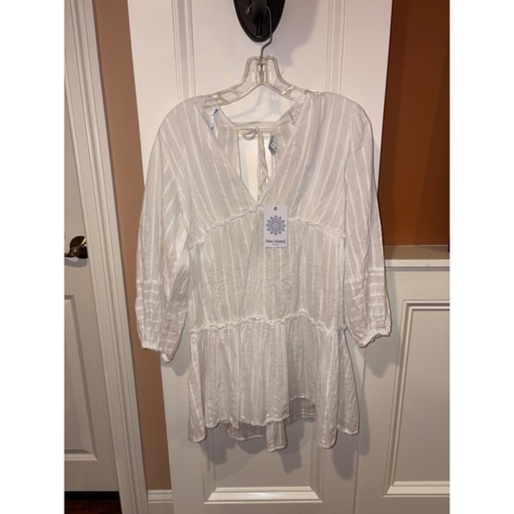 New Blue Island Beach White Metallic cover up Striped Tiered Tunic‎ Top Small